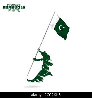 Vector Illustration for 14th August Independence day of Pakistan. Rejoicing boy jumping with Pakistan flag in hand. Stock Vector