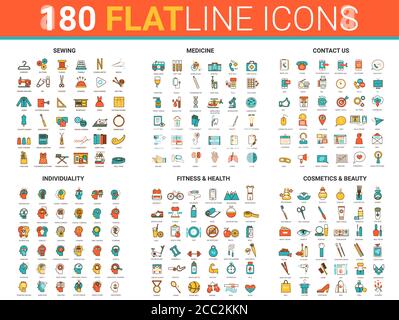 Flat thin line icons vector illustration with sewing items for textile industry, infographic medicine hospital health care, beauty and fitness sport training symbols, contact us communication set Stock Vector