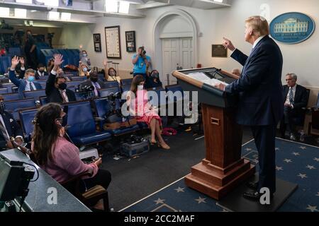Washington, United States Of America. 13th Aug, 2020. President Donald J. Trump takes questions from reporters during a press conference Thursday, Aug. 13, 2020, in the James S. Brady Press Briefing Room of the White House People: President Donald Trump Credit: Storms Media Group/Alamy Live News Stock Photo