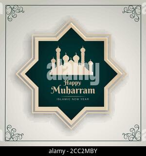 Happy Muharram, Islamic new year greeting card mosque illustration, vector Stock Vector