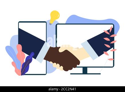 White and black American people shaking hands through computer and mobile phone screens. Handshake Partnership or business agreement illustration Stock Vector