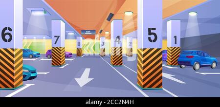 Underground car parking vector illustration. 3d interior design with automobile cars parked indoor in underground parking lots garage of city shopping mall building or supermarket basement background Stock Vector