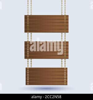Set of woden boards, wooden signs collection, set of wooden banners with chains, old wood. Notice and information theme ribbons collection, illustrati Stock Vector