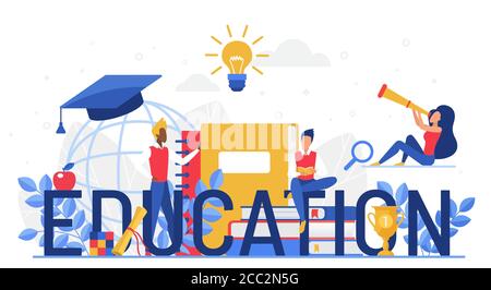 Education word vector illustration. Cartoon flat tiny student people study, man woman characters sitting with pile of books, big letters and telescope spyglass. Educational concept isolated on white Stock Vector