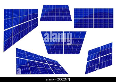 Set of solar panel isolated on white background. Energy renewable concept. Modern alternative eco green energy.Blue solar cell collection.Stock vector Stock Vector