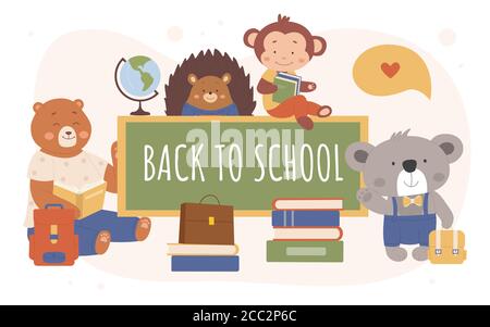 Back to school vector illustration. Cartoon flat animal characters holding schoolbags and globe learning, reading book or textbook, sitting next to class blackboard with back to school text background Stock Vector