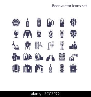 Basic element of Beer vector icons set.Contains a bottle, can, hop sign, barley and wheat, fermentation tank, boiler, draft beer keg, beer process, an Stock Vector