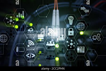 Abstract Internet digital technology concept server rack room background. Stock Photo