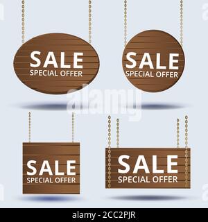 Set of woden boards, wooden signs collection, set of wooden banners with chains, old wood. Notice and information theme ribbons collection, illustrati Stock Vector