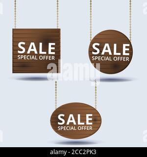 Set of woden boards, wooden signs collection, set of wooden banners with chains, old wood. Notice and information theme ribbons collection, illustrati Stock Vector