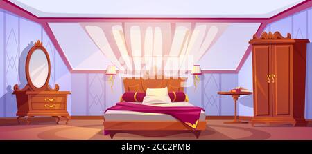 Attic bedroom or guest room interior with uncovered bed, wardrobe, dressing table, mirror and curtained window. Cozy loft hotel apartment, mansard floor with sloping roof cartoon vector illustration Stock Vector