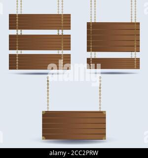 Set of woden boards, wooden signs collection, set of wooden banners with chains, old wood. Notice and information theme ribbons collection, illustrati Stock Vector