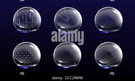 Force shield bubbles, energy glowing spheres or defense dome fields. Science fiction various deflector elements, firewall absolute protection isolated on blue background, Realistic 3d vector set Stock Vector