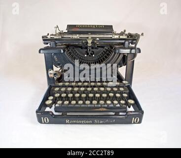 A 1920 Remington Standard #10 typewriter, constructed between 1908 and 1920, on a white background. Stock Photo