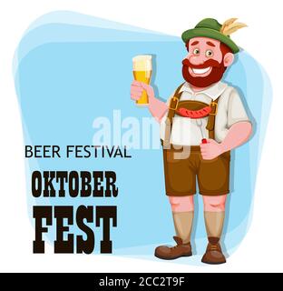 Oktoberfest flyer. Man in Bavarian clothes holding fresh beer and fried sausage, funny cartoon character. Munich beer festival Oktoberfest. Vector ill Stock Vector