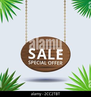 Wooden board, wooden sign, wooden banner with chains, old wood. Notice and information theme ribbons collection, illustration, signboards hanging on r Stock Vector