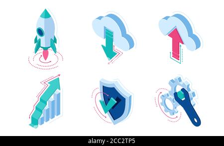 Isometric icons rocket take off, cloud download or upload data, grow arrow column chart, shield with check mark and wrench with gears. Infographics elements for web site design, 3d vector isolated set Stock Vector