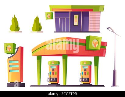 Gas station refueling service stuff, building with shutter door, price display, pump hoses, vehicle petrol shop fuel selling, road urban objects for car oil refill. Cartoon vector illustration, set Stock Vector