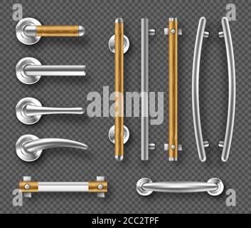 Handles for doors or windows, metal and wooden architectural details, modern interior design accessories. Steel and wood furniture holders with rods and locks. Realistic 3d vector isolated icons set Stock Vector