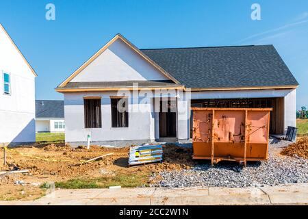 Horizontal shot of a single story house under construction. Stock Photo
