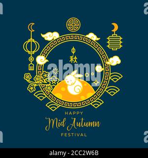 Mid autumn celebration badge vector background. Chinese lunar moon festival flat line art for card invitation, banner. Little bunny on the moon illust Stock Vector