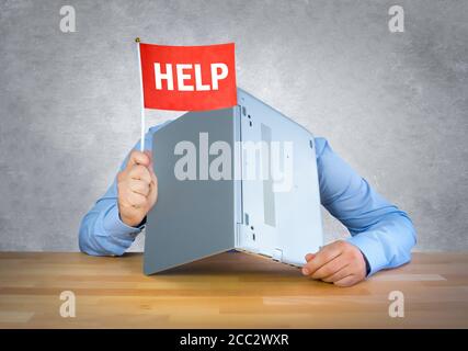 Busnissman with computer problems asking for help Stock Photo