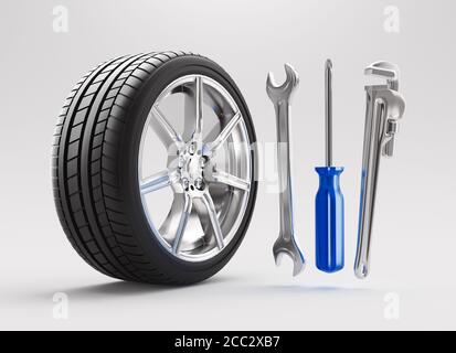 Car service, repair, maintenance concept changing tire. 3d rendering Stock Photo
