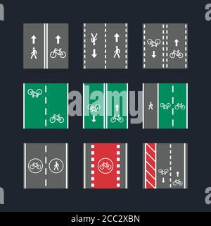 Bicycle and pedestrian road sign illustration set - square icons and pattern traffic markup signs - isolated vector Stock Vector