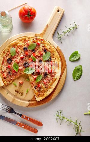bacon, melted, spices, bread, arugula, ketchup, mediterranean, white, concept, junk food, flat, toned, appetizer, herb, onion, cooking, junk, herbs, u Stock Photo