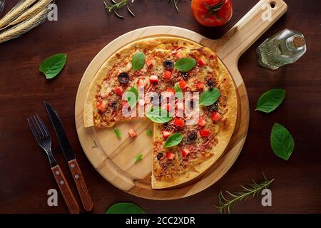 bacon, melted, spices, bread, arugula, ketchup, mediterranean, white, concept, junk food, flat, toned, appetizer, herb, onion, cooking, junk, herbs, u Stock Photo