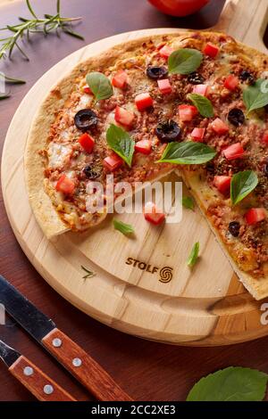 bacon, melted, spices, bread, arugula, ketchup, mediterranean, white, concept, junk food, flat, toned, appetizer, herb, onion, cooking, junk, herbs, u Stock Photo