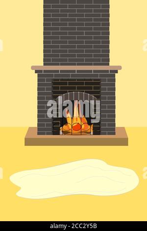 a fireplace in a yellow room made of dark gray bricks with a fire burning inside and a white rug lies on the floor Stock Vector