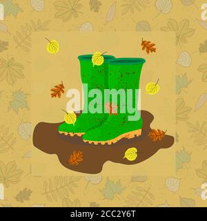 green muddy rubber boots in a muddy puddle with falling oak and linden leaves Stock Vector