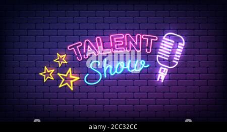 Talent show banner, poster, neon sign with stars and microphone, bright signboard, advertising or invitation, event, vector illustration Stock Vector
