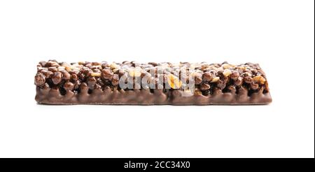 Chocolate cereal bar. Tasty protein bar isolated on white background. Stock Photo