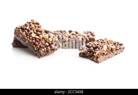 Chocolate cereal bars. Tasty protein bars isolated on white background. Stock Photo