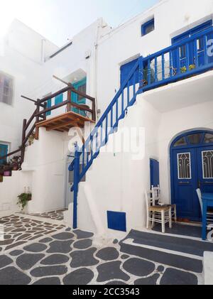 Beautiful White and Blue Buildings and Decorative Streets of Mykonos, Greece Stock Photo