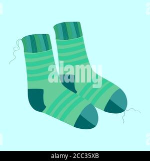 a pair of knitted warm striped turquoise socks with protruding threads on a blue background Stock Vector