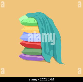 blue plaid hangs from a column of colorful pillows Stock Vector