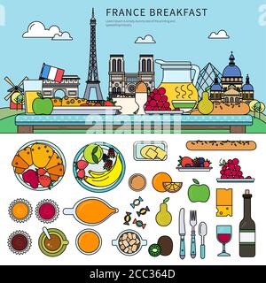 French breakfast flat line vector against the background of French sights Stock Vector