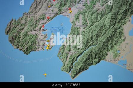 air traffic  over Wellington aera (18 august 2020, UTC 20.16),  on Internet with Flightradar 24 site, during the Coronavirus Pandemic period Stock Photo