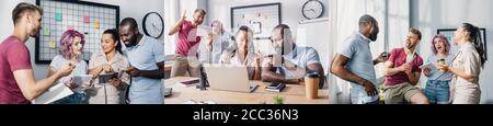 Collage of multicultural business people using gadgets while working together in office Stock Photo