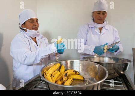 Women from a local banana growers' cooperative make banana jam at a processing plant in Sullana, Peru, South America. Stock Photo