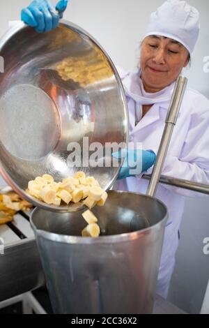 Women from a local banana growers' cooperative make banana jam at a processing plant in Sullana, Peru, South America. Stock Photo