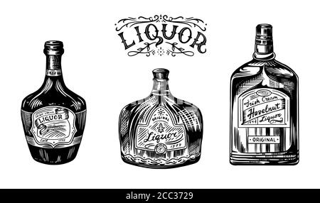 Liquor in a glass bottle. Alcoholic beverage or strong drink. Dessert wine and Retro label. Engraved hand drawn vintage sketch. Woodcut style. Vector Stock Vector