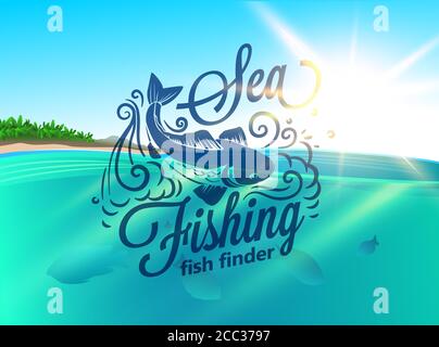 Sea Fishing labels on nature vector background. Vector illustration design graphic element, emblem, logo Stock Vector