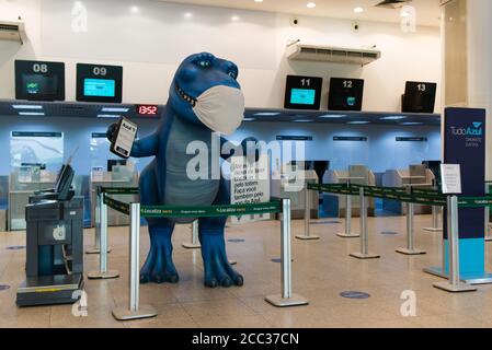Rio de Janeiro, Brazil - July 16, 2020: Blue dinosaur with protective face mask at the check in counter in Santos Dumont airport. Stock Photo