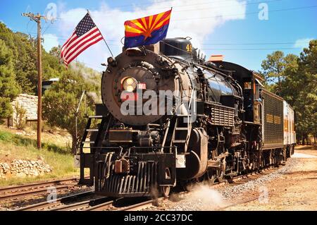 Grand Canyon Village, Arizona, USA - September 17, 2011: Vintage Steam Locomotive at the station in Grand Canyon Village. Grand Canyon Railway. Stock Photo