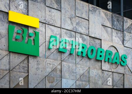 Rio de Janeiro, Brazil - July 16, 2020: Petrobras logo on its headquarters building. Petrobras is oil and gas industry giant Brazil. Stock Photo