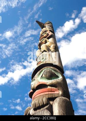 Focus Stacked Image of One of the Many Totem Poles on Display in Alaska Stock Photo